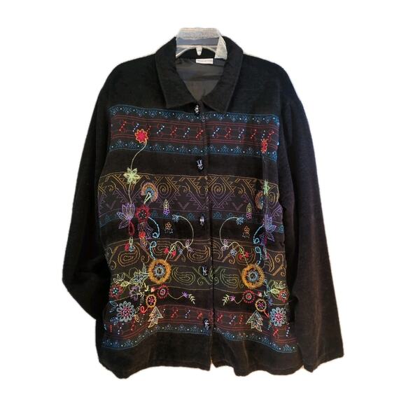 Vintage White Stag Embroidered Chenille Jacket XL Black Aztec Floral Artwear 90s - Picture 1 of 8